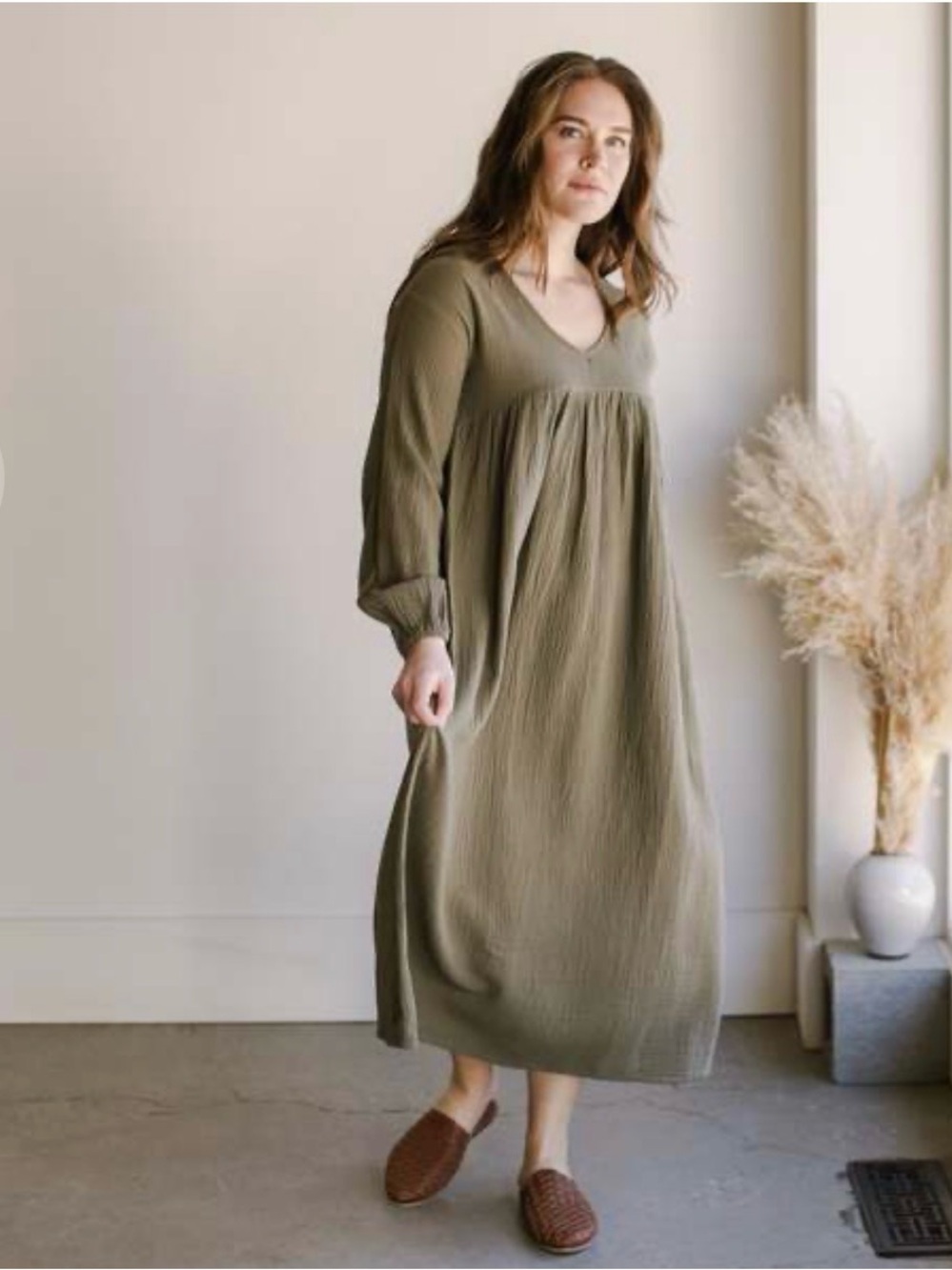Everyday Olive Green Long-Sleeve V-Neck Midi Dress